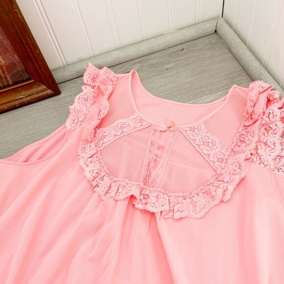 Vintage Shadowline Nylon Nightgown M Medium Pink Short Sleeve Silky Lace Sweep - Picture 6 of 12